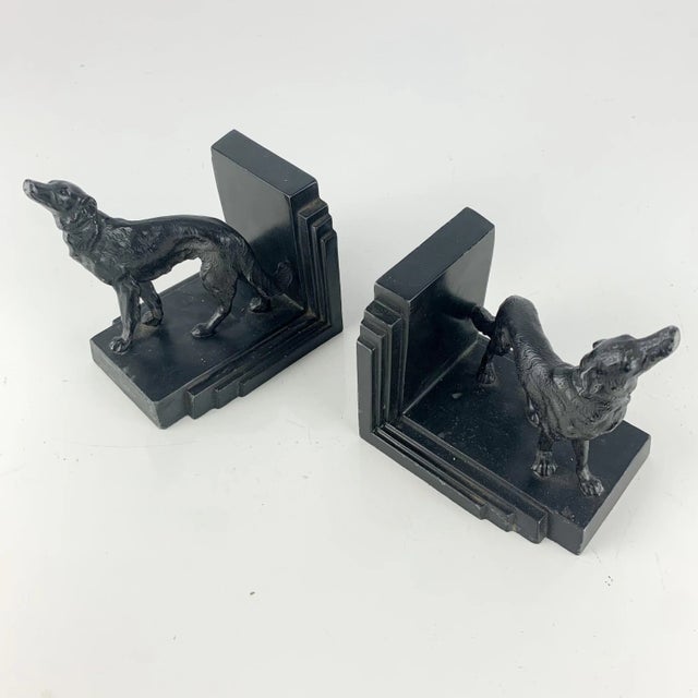 Early 20th Century Vintage Pair Cast Metal Borzoi Ronson Black Dog Figure Bookends Art Deco Bronze For Sale - Image 5 of 12