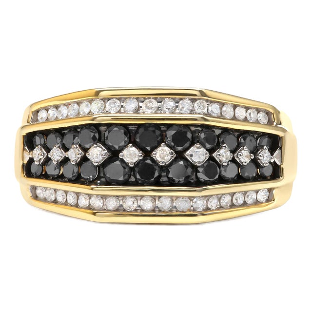 Men's 14K Yellow Gold Plated .925 Sterling Silver 1 1/2 Cttw White and Black Treated Diamond Cluster Ring (Black / I-J Color, I2-I3 Clarity) - Size 10 For Sale