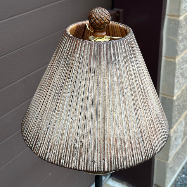 Vintage Uttermost Wrought Iron Table Lamp With Rattan Shade For Sale - Image 9 of 12