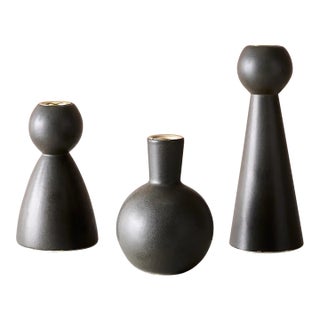 Trio of "Almost Black" Matte Ceramic Taper Candle Holders "Bella," "Bobby," and "Beau" by Lostine For Sale