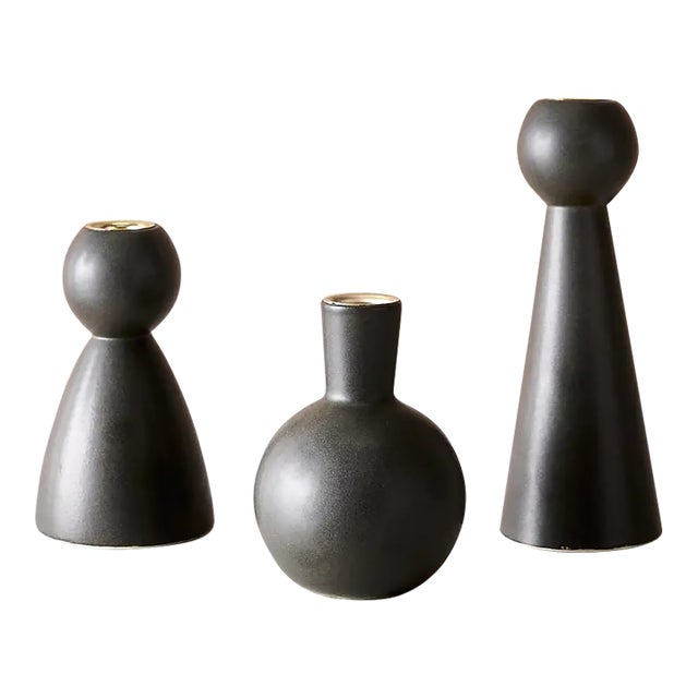 Trio of "Almost Black" Matte Ceramic Taper Candle Holders "Bella," "Bobby," and "Beau" by Lostine For Sale