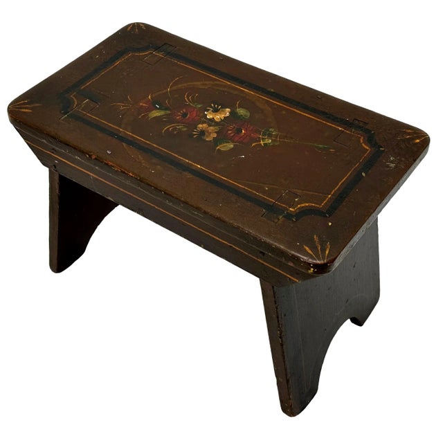 Antique Hand Made American Victorian Folk Art Wood Fireside Footstool With Hand Oil Painted Flowers & Features For Sale - Image 4 of 13