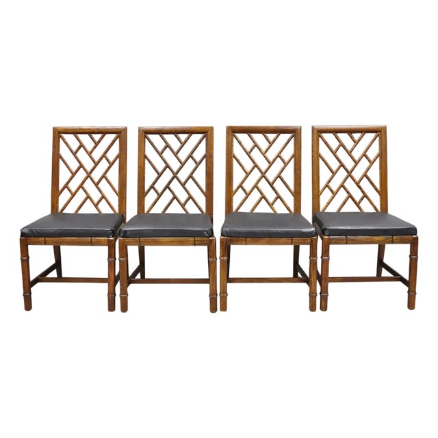 Vintage Hollywood Regency Faux Bamboo Lattice Dining Chair by Century - Set of 4 For Sale
