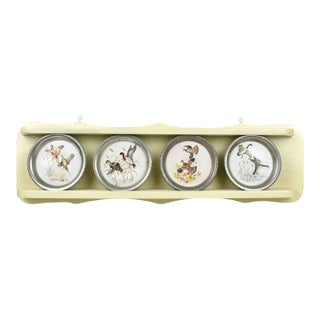 Vintage Game Birds Porcelain Pewter Coasters With Display Wall Hanging Rack For Sale