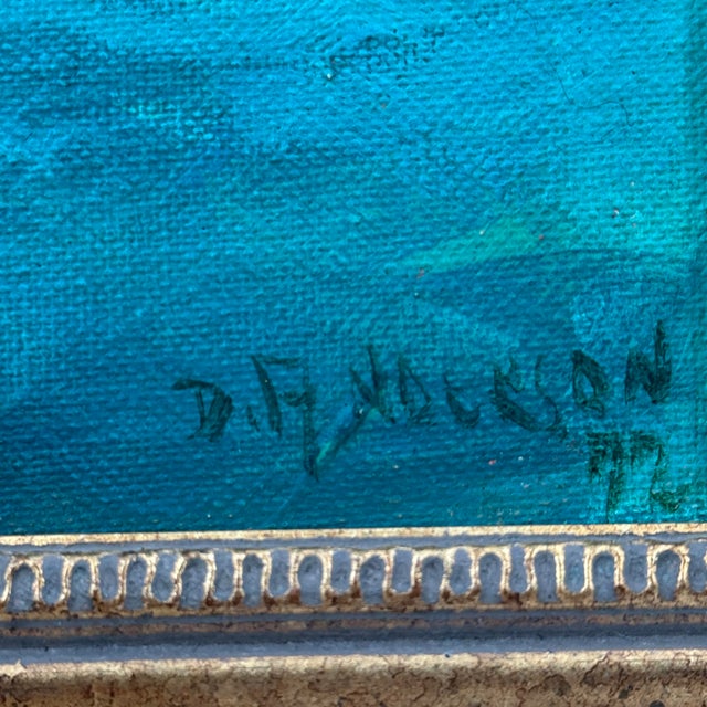 A vintage oil painting featuring an expressive botanical study in rich emerald, teal, and deep blue-green tones. The...