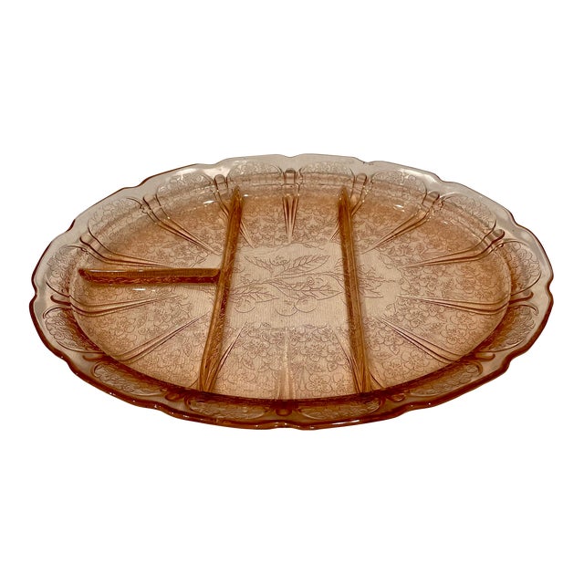 Vintage Pink Depression Glass Hor D’ouvres Tray For Sale