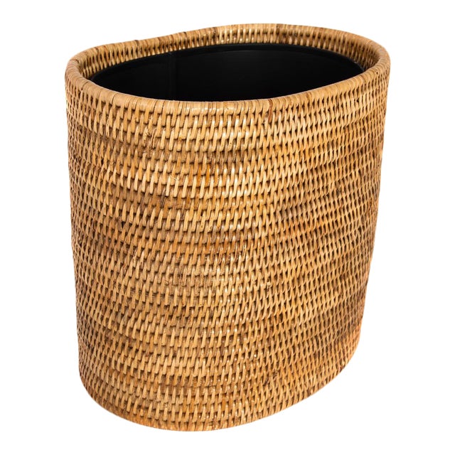 Artifacts Rattan Oval Waste Basket with Metal Liner in Honey Brown - 11" For Sale