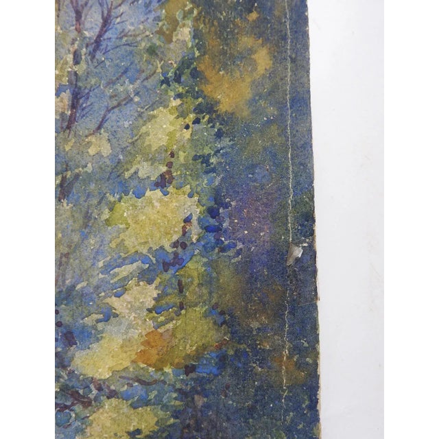 English Early 20th Century French Forest Castle Watercolor Painting For Sale - Image 3 of 6