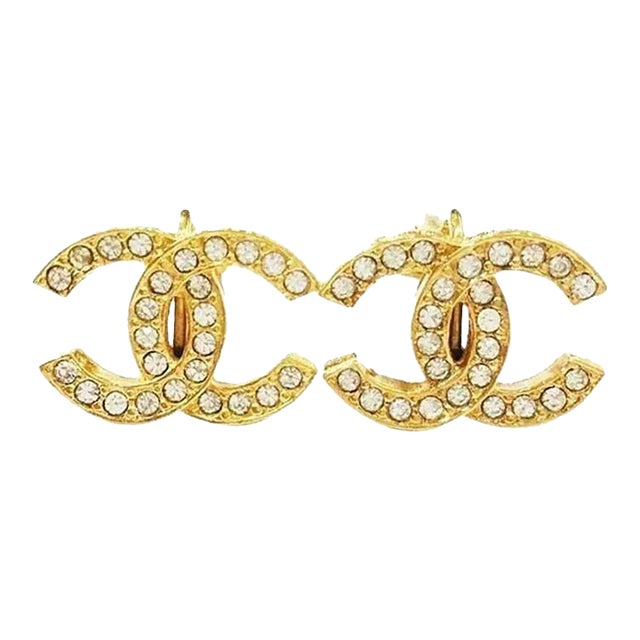 Chanel Vintage Gold Plated CC Crystal Clip on Earrings - 2 Pieces For Sale
