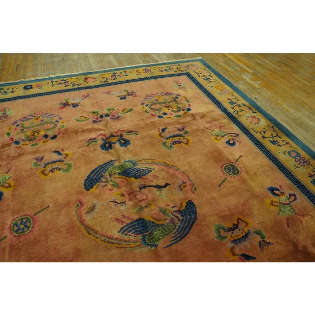 1920s Orange Dragon Medallion Antique Chinese Art Deco Carpet 8'10'' X 11'5'' Knotted Wool Rug For Sale - Image 4 of 12