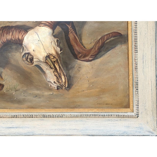 Paint Charles Schorre Modern Naturalistic Ram Skull and Cactus Western Desert Landscape Painting, Mid 20th Century For Sale - Image 7 of 10