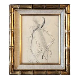 Original Vintage Abstract Charcoal Fashion Study Drawing Vintage Faux Bamboo Frame 1950’s For Sale