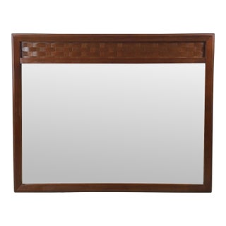 Mid Century Modern Long Rectangular Wall Mirror With Basket Weave Detail on Top Frame For Sale