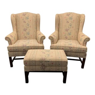 Drexel Chippendale Wing Back Chairs and Ottoman With Reeded Legs - Set of 3 For Sale