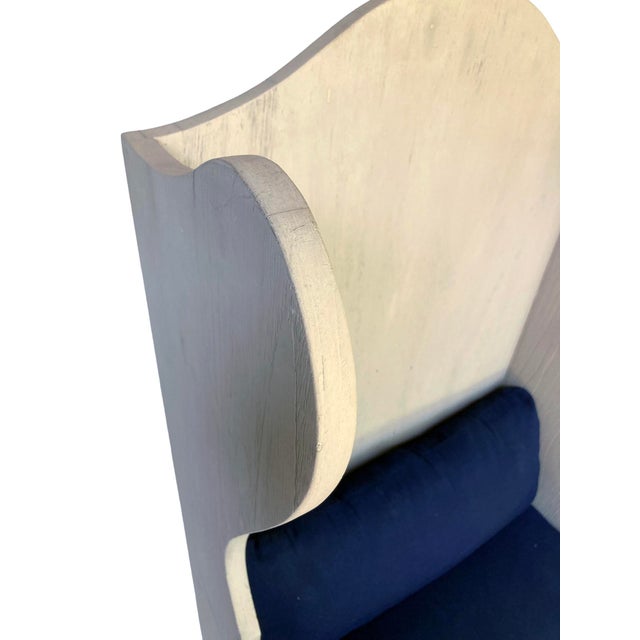 Vintage Rh Pale Grey Wood Wingbak Chair W/Navy Blue Seat For Sale - Image 10 of 11