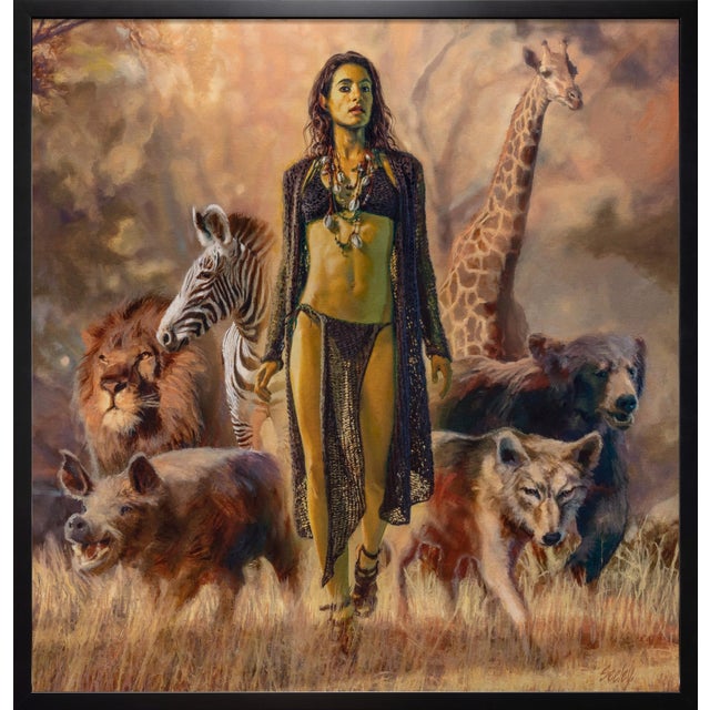 The Goddess Animalia presents a striking figure of a woman adorned in nature-inspired attire, confidently walking amidst a...