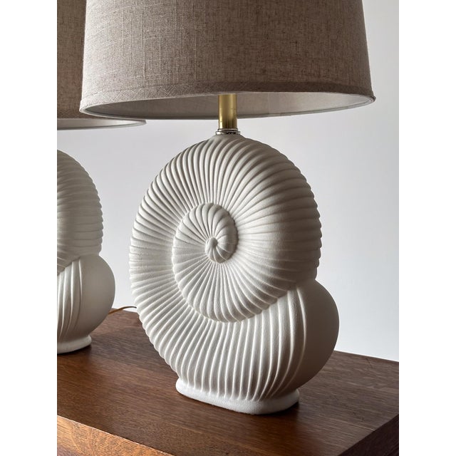 Textile Vintage Plaster Nautilus Table Lamps, Pair For Sale - Image 7 of 16