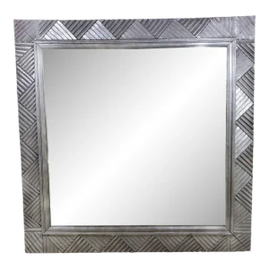 Vintage Large Square, Carved Silvered Wood Mirror
