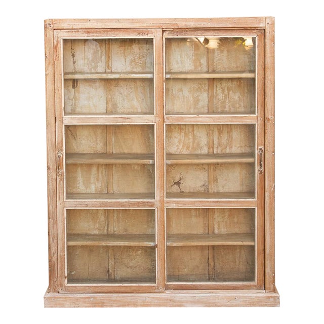 Antique Bleached Whitewash Slim Glass Cabinet For Sale