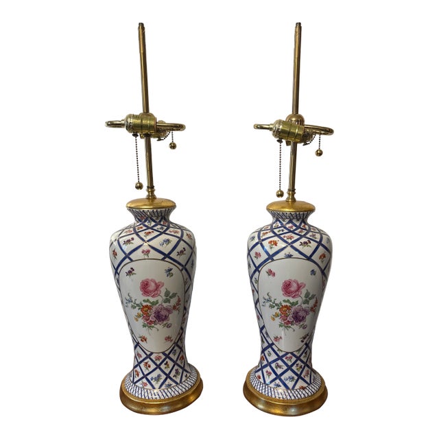 Pair French Sevres Style Hand Painted Floral Vases Made Into Lamps For Sale