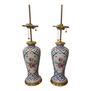 Pair French Sevres Style Hand Painted Floral Vases Made Into Lamps