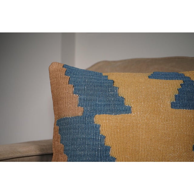 Textile Mustard & Blue Geometric Kilim Pillow – 16x16 Vintage Handwoven For Sale - Image 7 of 7