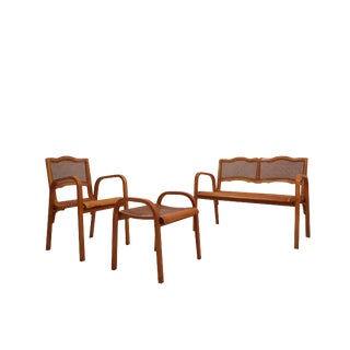 Mid-Century Vienna Straw Bench and Armchair, 1940s, Set of 3 For Sale