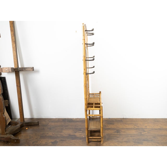 English 1880s Freestanding Bamboo and Rattan Hat Rack with Mirror and Tiles For Sale - Image 4 of 10