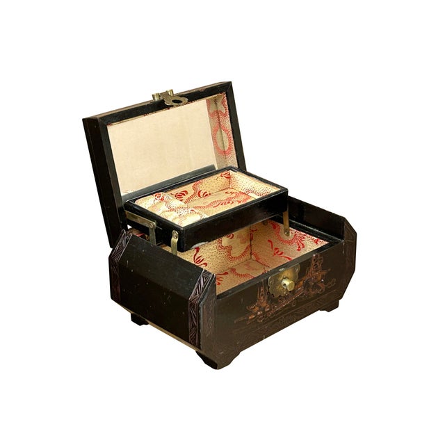 Asian Vintage Asian Black Copper Color Scenery Motif Storage Accent Box For Sale - Image 3 of 12