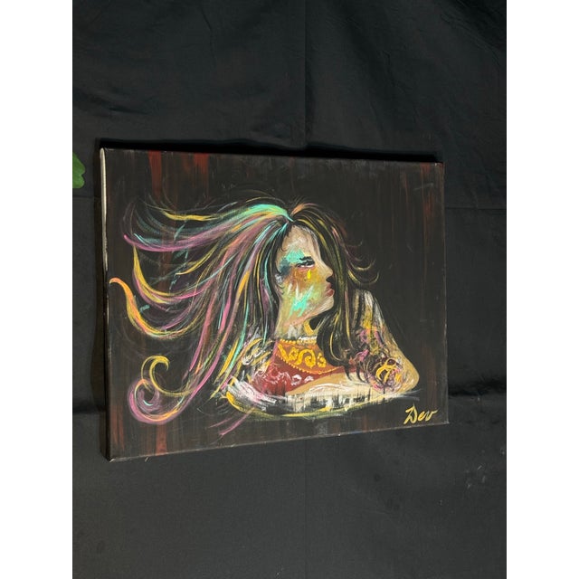 Textile Expressionist Female Portrait Painting on Canvas, Signed For Sale - Image 7 of 7