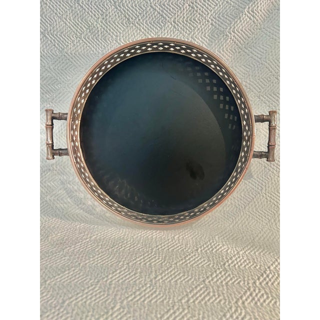 Vintage Silver-Plated Over Copper Chinoiserie Faux Bamboo Woven Gallery Tray For Sale - Image 4 of 10