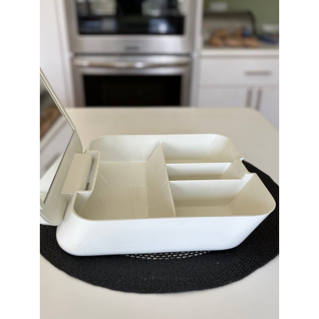 Rare 1970’s Space Age Beauty Box; Vanity Organizer Hinged Lid; Integrated Mirror; Divided Compartments : Mid Century Modern