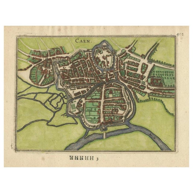 Antique Hand-Coloured Normandy Town of Caen Map Engraving, 1666 For Sale - Image 9 of 9