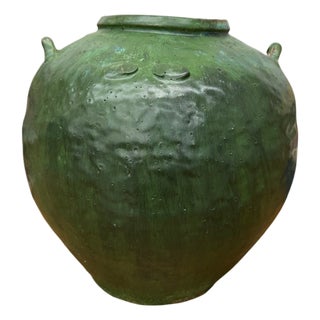 Wabi Sabi Character Green Glazed Stoneware Water Jar For Sale