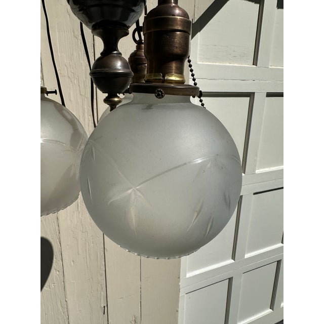 1920s Vintage Three Light Brass Semi-Flush Mount Fixture With Vintage Shades For Sale - Image 5 of 12