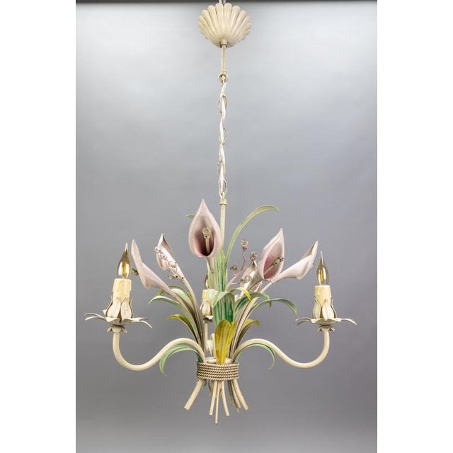 Hollywood Regency Hollywood Regency Pastel Color Callas Lily Flower Bouquet Metal Chandelier, 1970s For Sale - Image 3 of 18