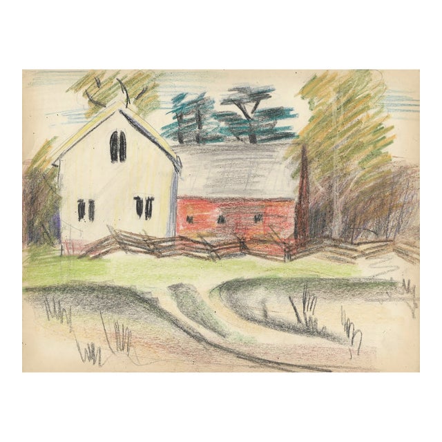 1940s Grace Spongberg Barn in Landscape Drawing For Sale