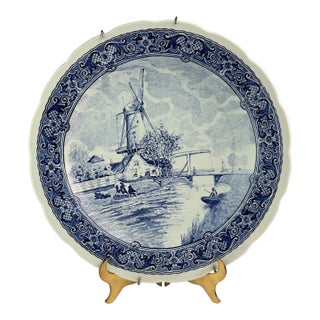 Vintage Boch Belgium Delft Windmill Scene Wall Hanging 12” Charger Plate For Sale