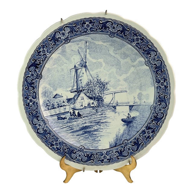 Vintage Boch Belgium Delft Windmill Scene Wall Hanging 12” Charger Plate For Sale
