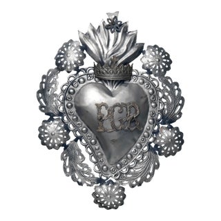 Antique 19th Century Italian Large Ex-Voto Metal Sacred Heart, Wall Decoration For Sale