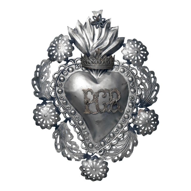 Antique 19th Century Large Ex-Voto Metal Sacred Heart, Wall Decoration For Sale