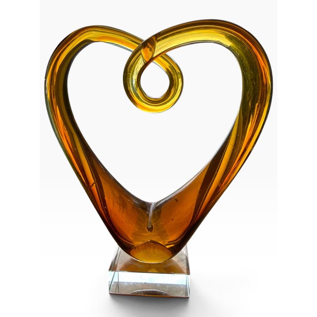Glass Vintage Amber Murano-Style Art Glass Heart Sculpture on Lucite Base For Sale - Image 7 of 8