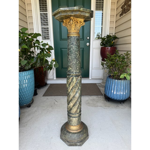 Fine Antique 1800s Verde Antico Marble Column Pedestal Ft. Gilded Corinthian Capital For Sale - Image 15 of 15