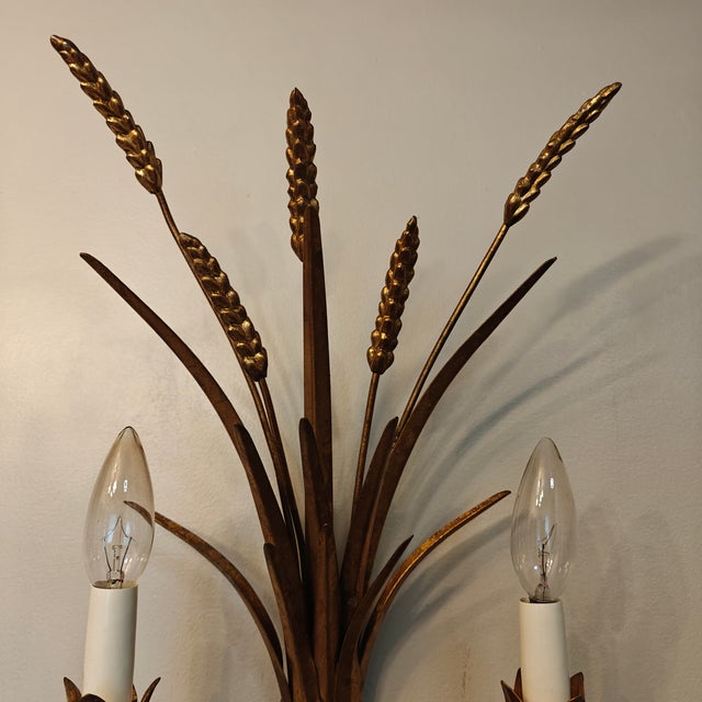 Vintage Italian Gilt Gold Metal Sheaf of Wheat Electric Candle Wall Sconce For Sale - Image 4 of 10