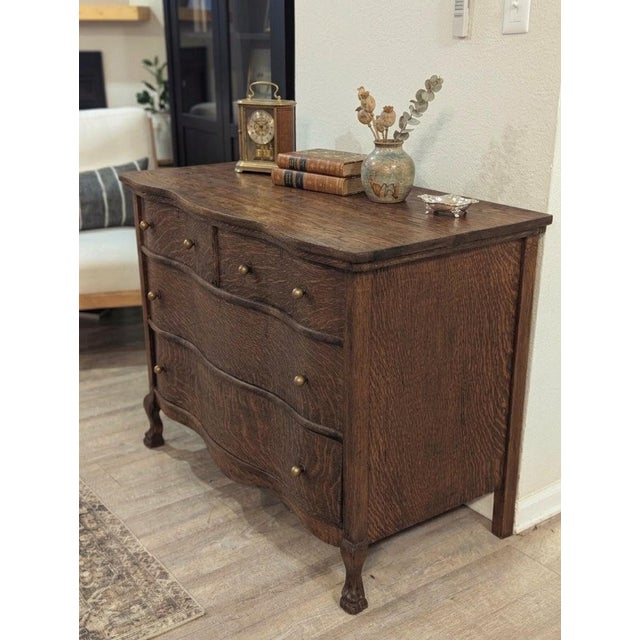 1960s Tiger Oak Dresser W/ Curved Front & Dovetail Drawers For Sale - Image 5 of 5