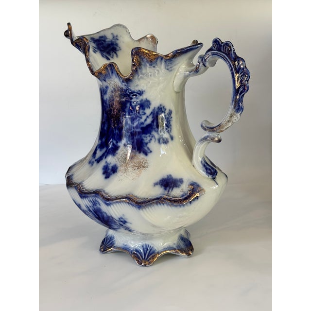 Antique Made in England Flow Blue Large Scale Pitcher For Sale - Image 11 of 16