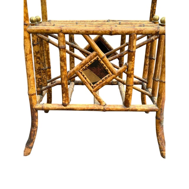 Wood Vintage Scorched Bamboo Glass Top Side Table With Brass Ball and Hand-Painted Details For Sale - Image 7 of 11