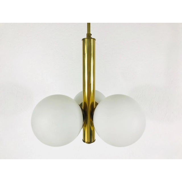 Mid-Century Modern 3-Arm Opaline Glass and Brass Pendant Lamp by Kaiser.