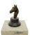Art Deco style bronze horse head sculpture in dark patinated bronze, mounted on a circular base and square plinth. This...