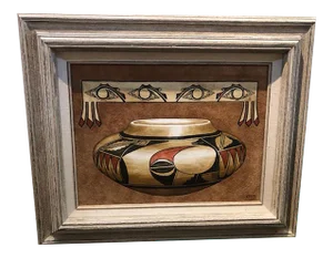 Mid 20th Century Native American Still Life Acrylic Painting on Suede by an Hopi Artist Erv Johnson, Framed
